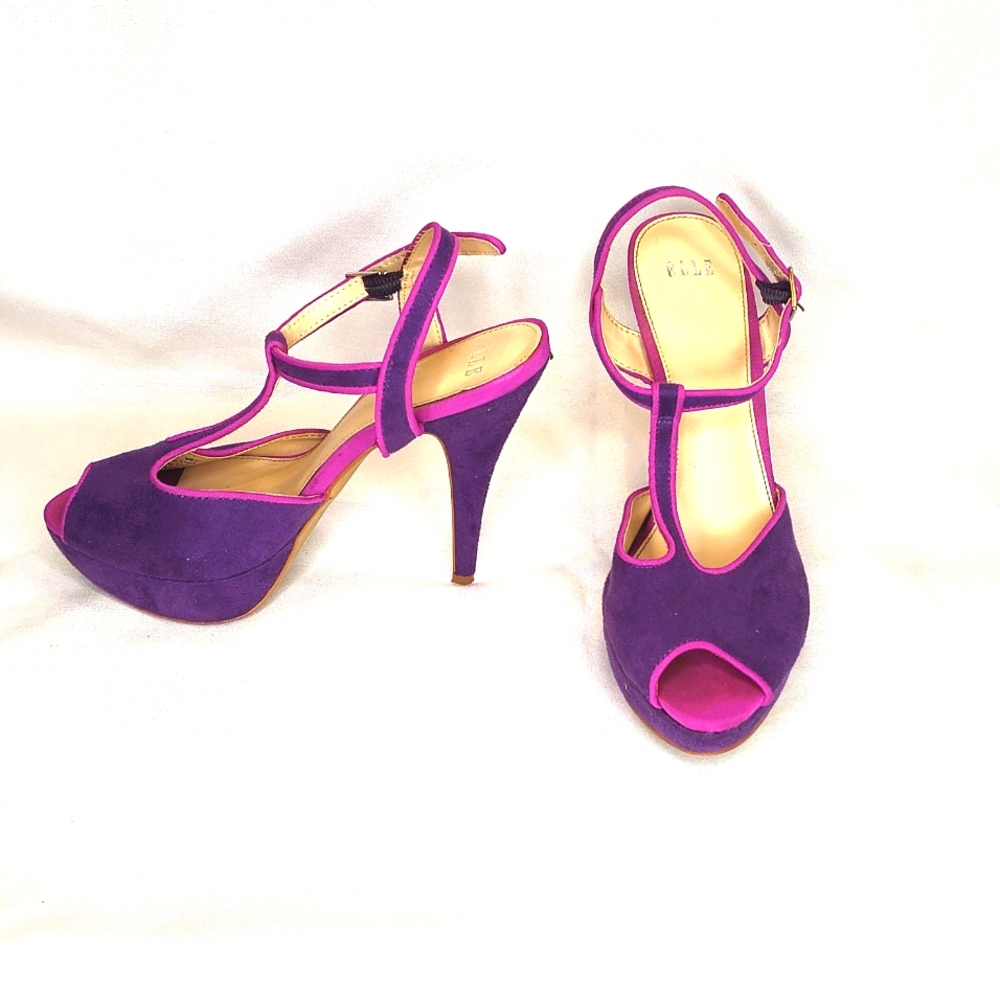 Elle pink and purple fabric high heel platform t-strap ankle strap party pumps 8